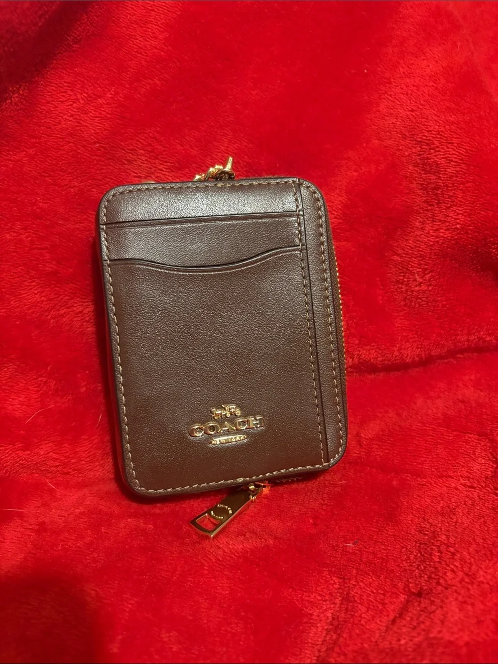 Coach Dark Brown Leather Mini Card Wallet with Gold Chain